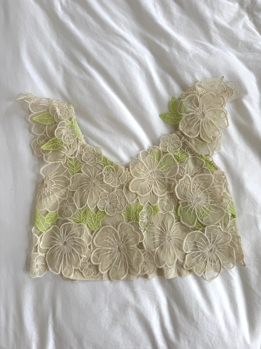 Anthropologie Cream Floral Lace Camisole with Lime Green Leaf Accents